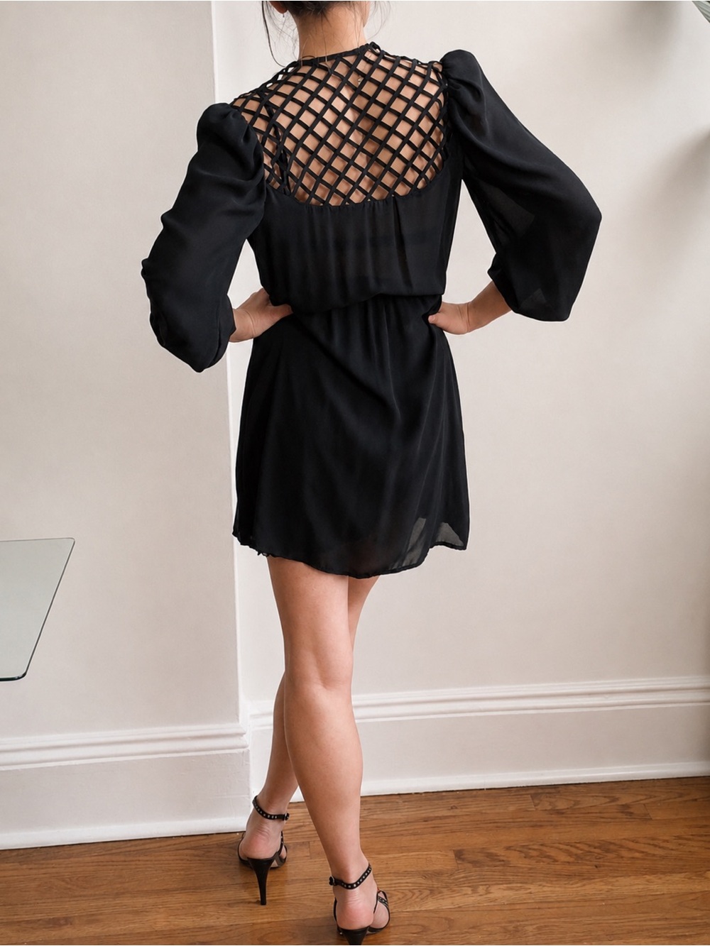 Vintage Black Sheer V Neck Backless Mini Dress Caged Style Lattice Open Back S - Picture 2 of 16